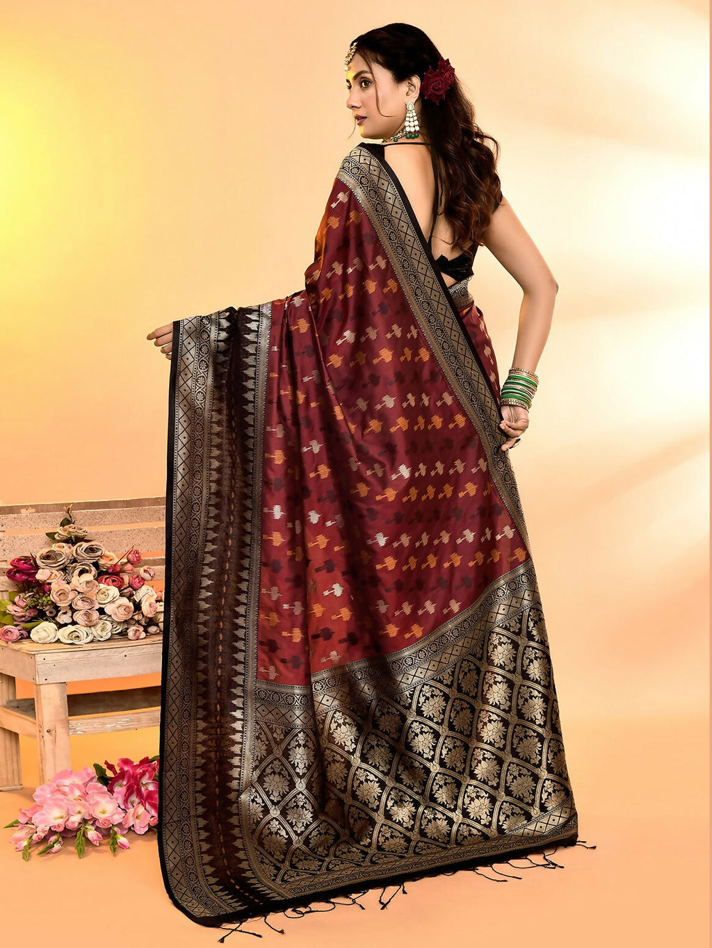 Joban Fashion Maroon & Black Plain With Weaving Border Banarasi Silk Sarees | Grocsy