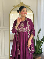 The52 Women's Beautiful Vichitra Silk Fabric Embroidery Work Flared Anarkali Pant and Dupatta Set | Grocsy
