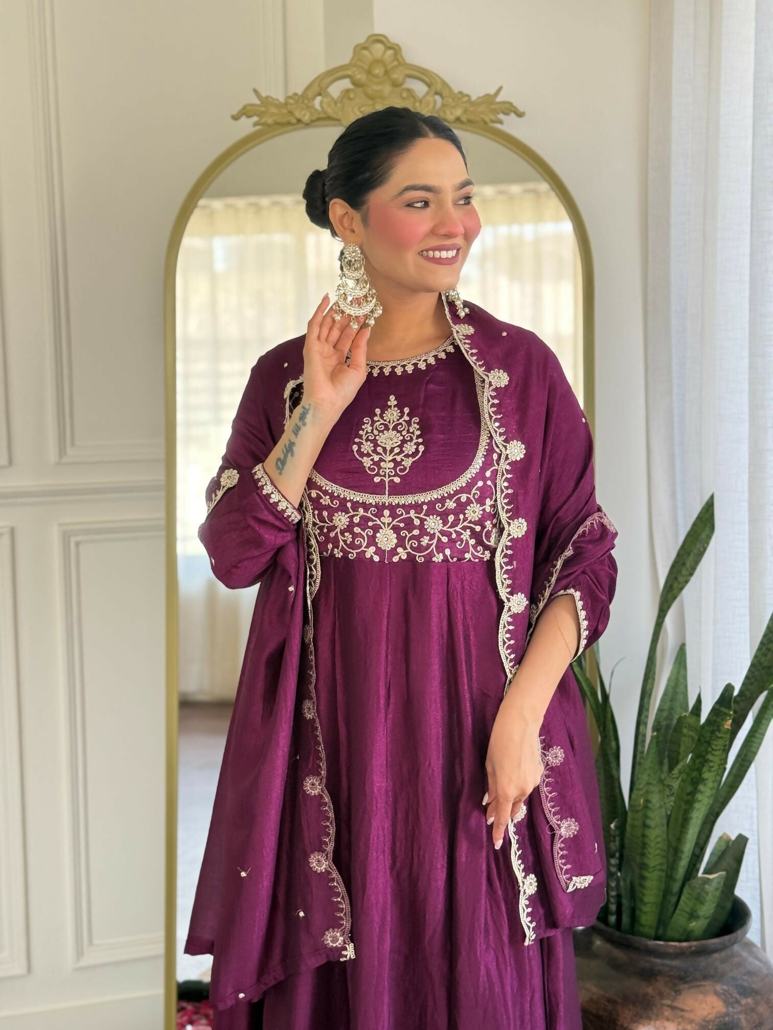 The52 Women's Beautiful Vichitra Silk Fabric Embroidery Work Flared Anarkali Pant and Dupatta Set | Grocsy