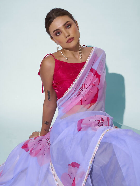 Sky Blue Organza Designer Printed Saree - Shezlin | Grocsy