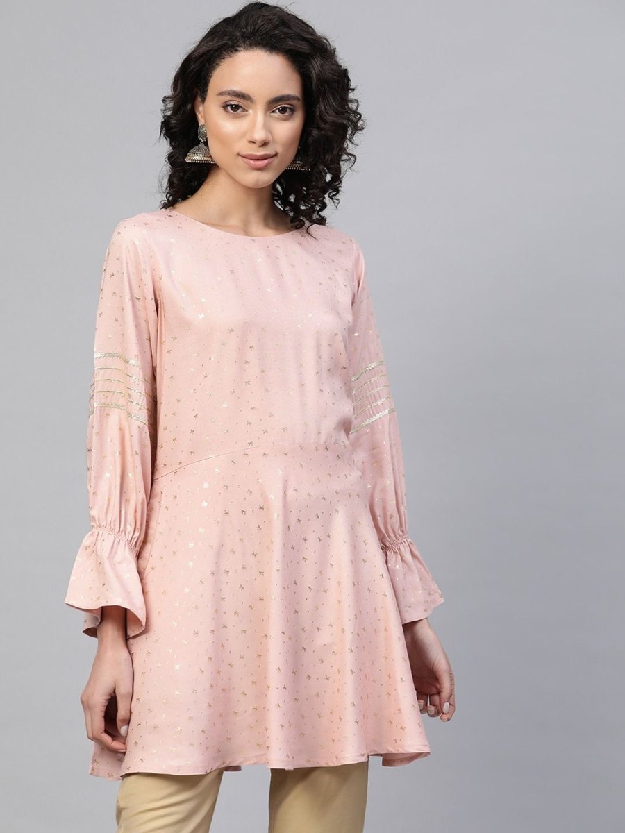 Ahalyaa Women Pink Rayon Golden Ethnic Print Tunic | Grocsy