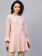 Ahalyaa Women Pink Rayon Golden Ethnic Print Tunic | Grocsy