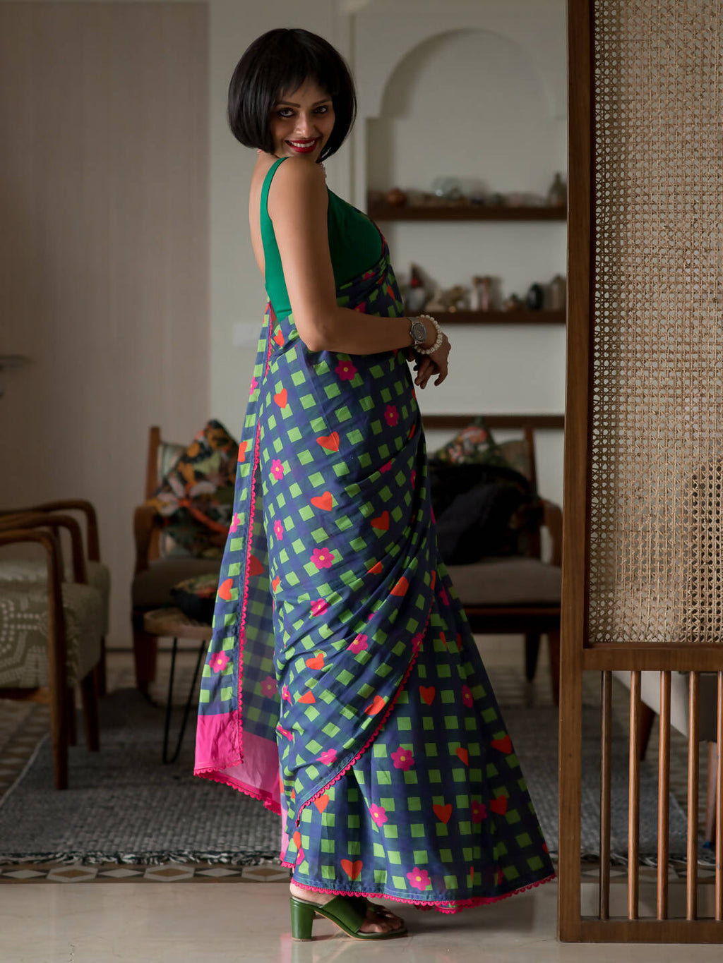 Suta Multi Color Checked Pure Cotton Saree | Grocsy