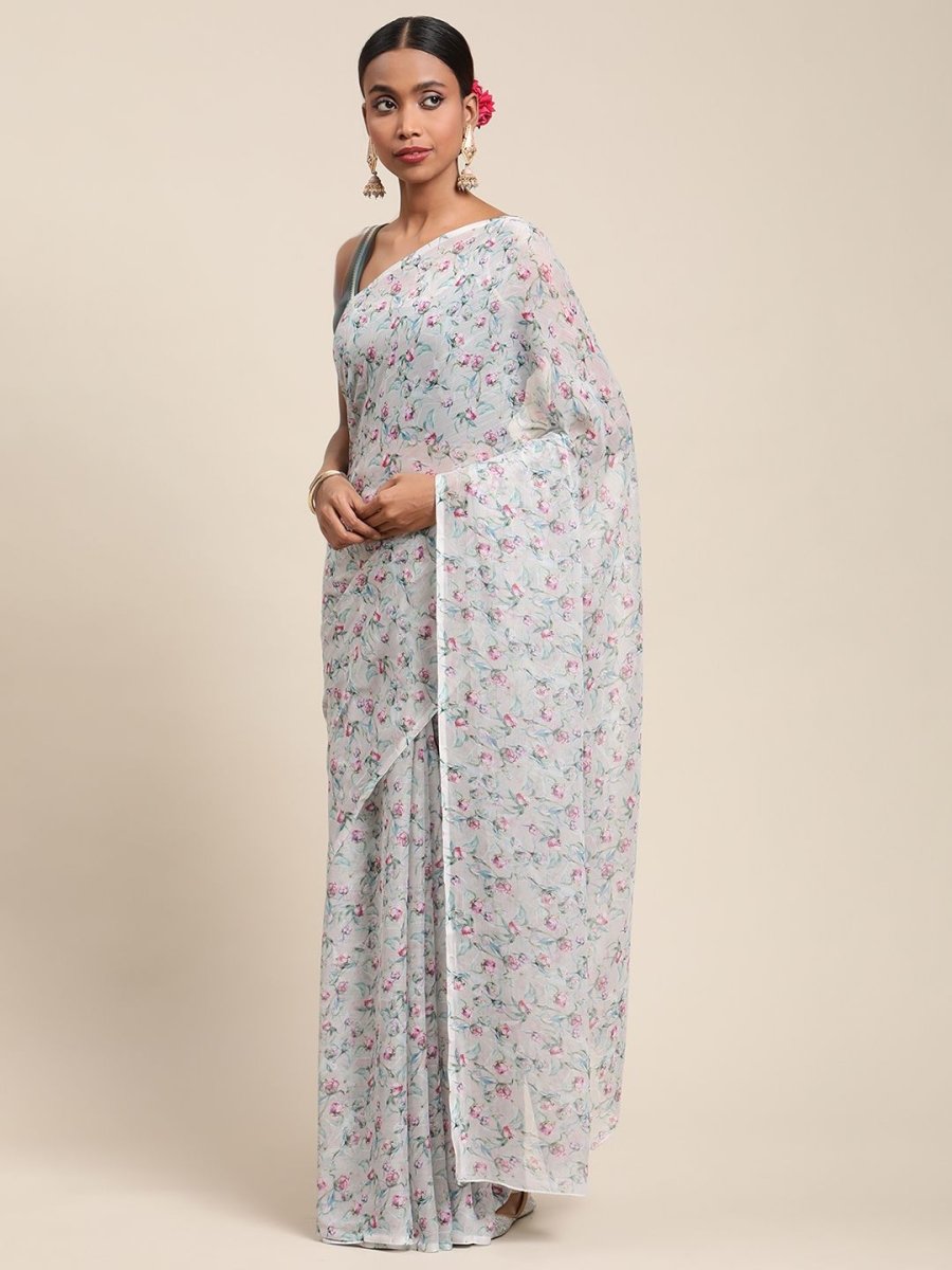 Ahalyaa Women's Grey Chiffon Digital Print Floral Saree | Grocsy