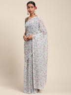 Ahalyaa Women's Grey Chiffon Digital Print Floral Saree | Grocsy
