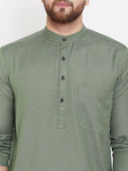 Even Apparels Green Color Linen Linen Men's Kurta With Band Collar | Grocsy