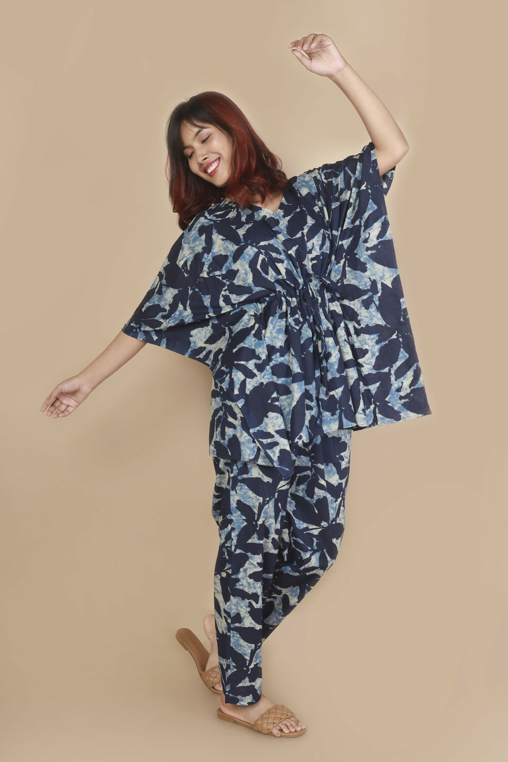 Breathables Women’S Loungewear Kaftan Cotton Blue Floral Print Co-Ord Set | Grocsy