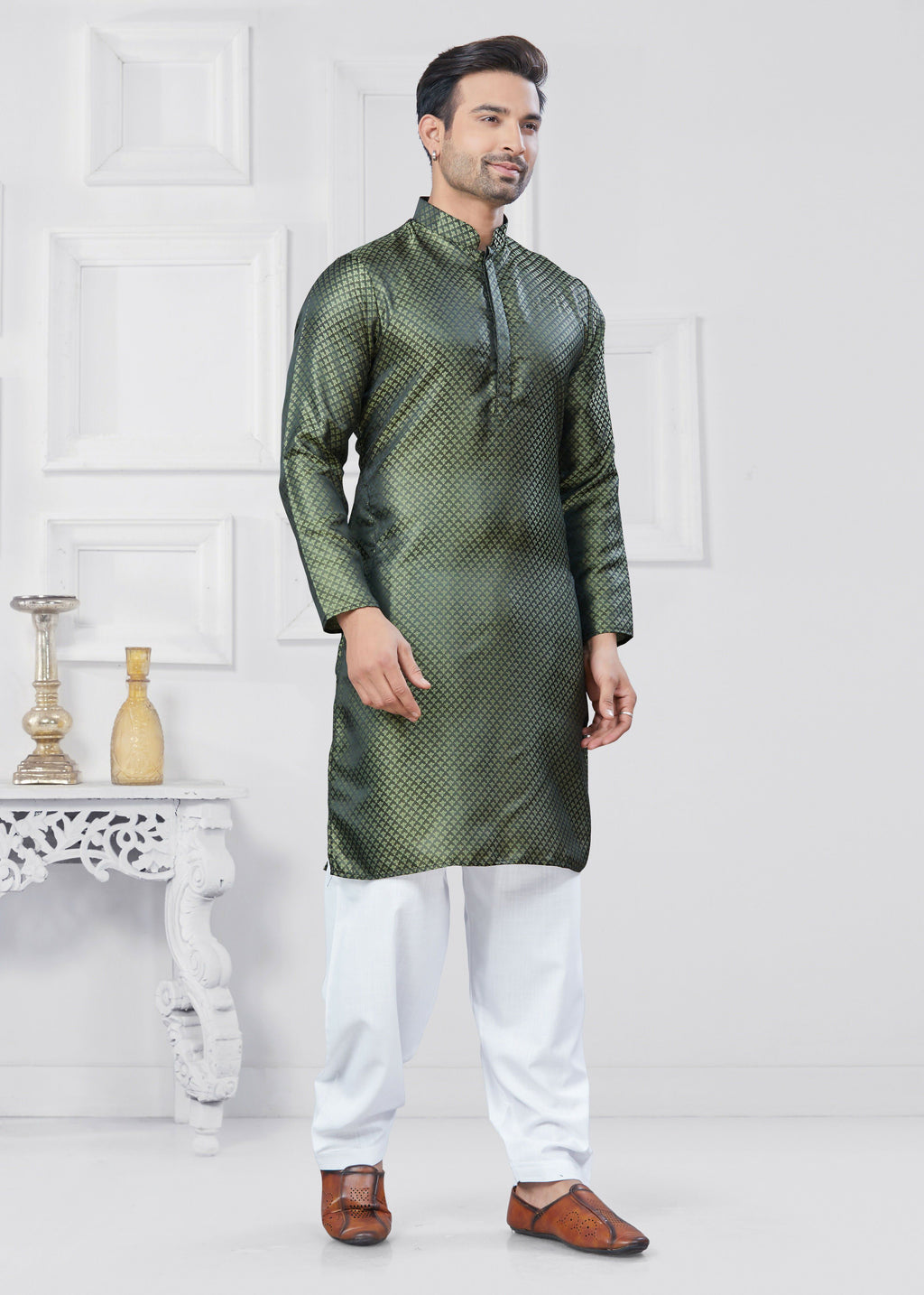 Joban Fashion Men's Jacquard Silk Green Printed Kurta Pyjama set | Grocsy