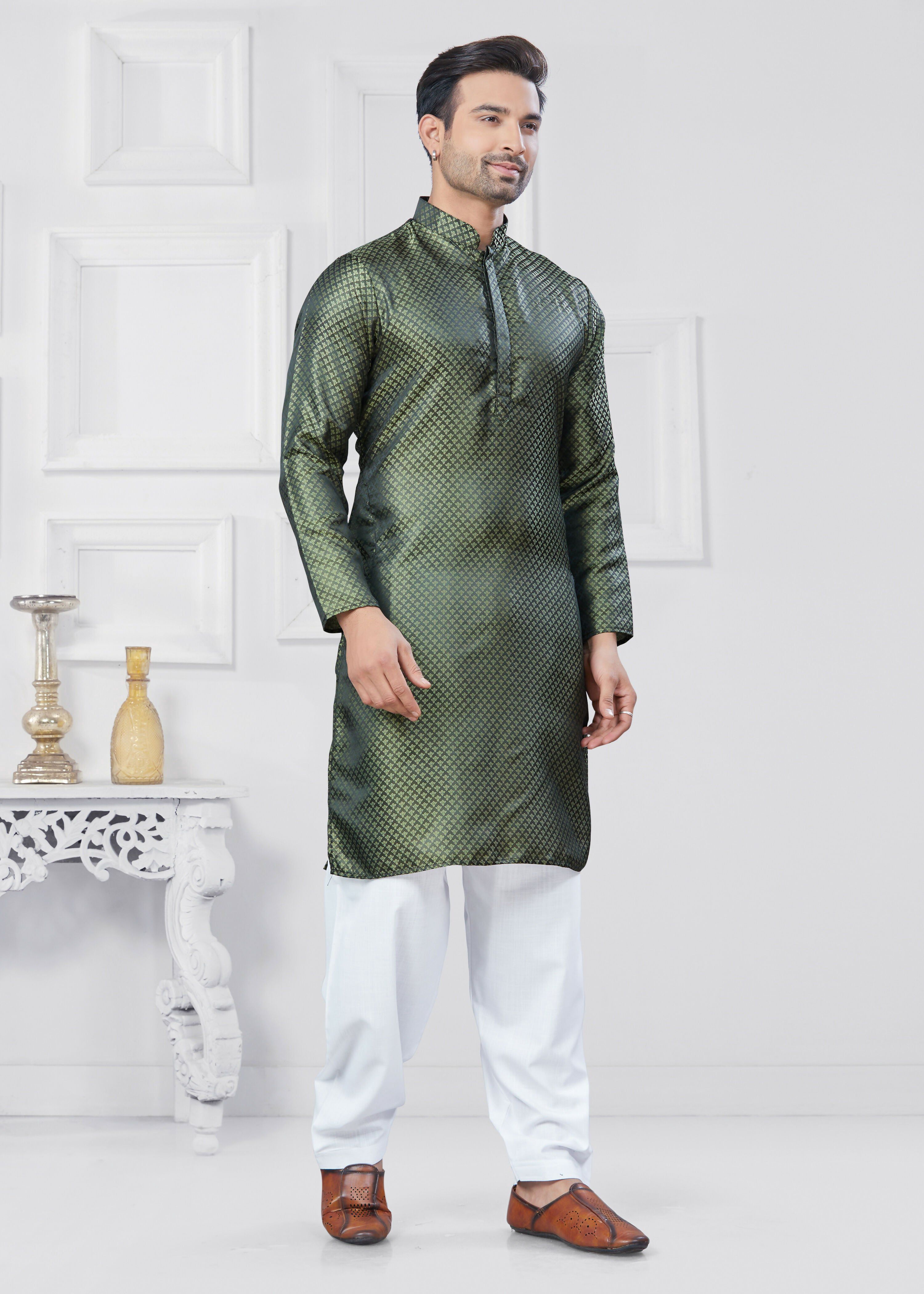 Joban Fashion Men's Jacquard Silk Green Printed Kurta Pyjama set | Grocsy