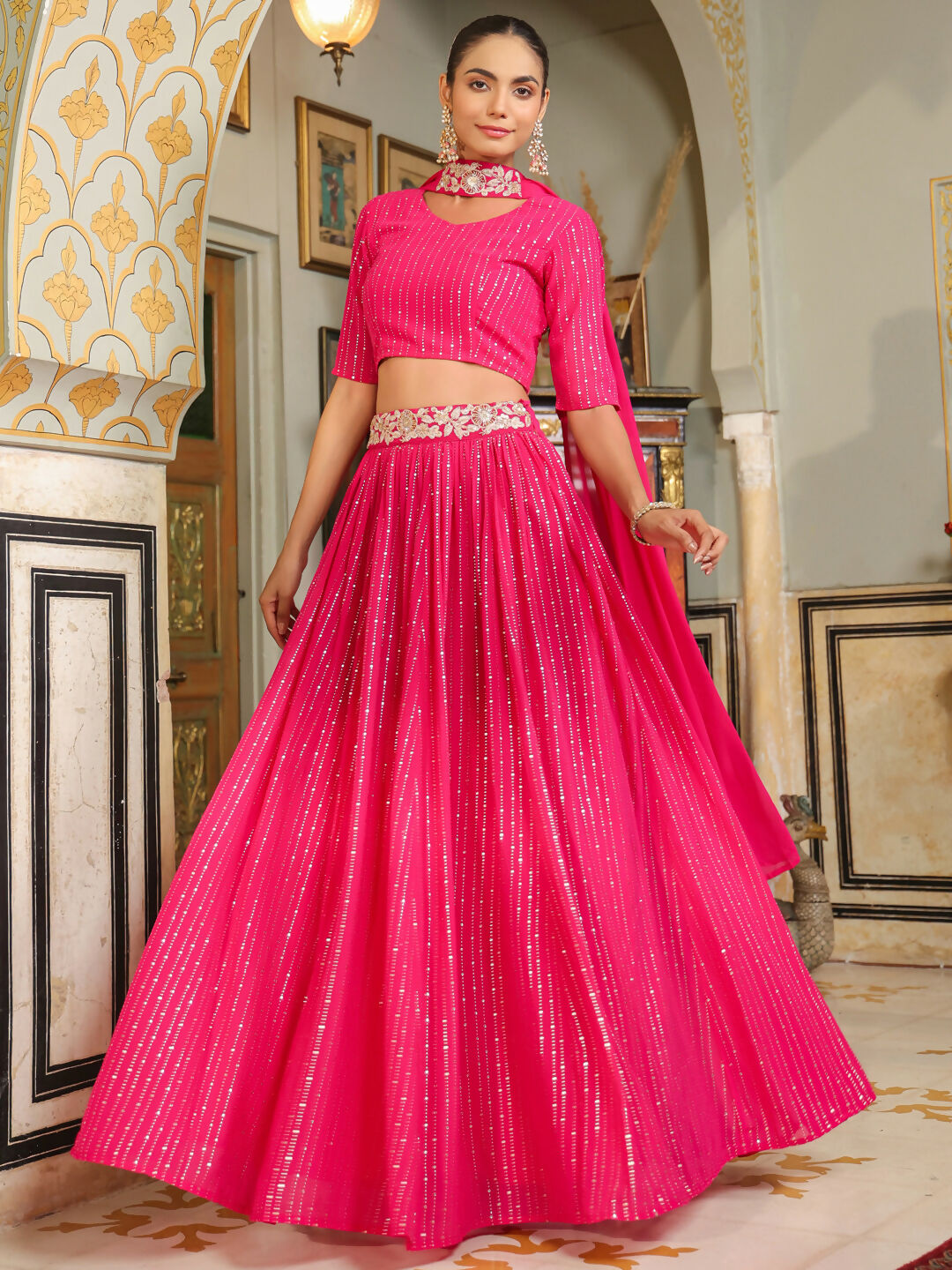 Janasya Pink Georgette Foil Print Lehenga Choli Dupatta | Grocsy