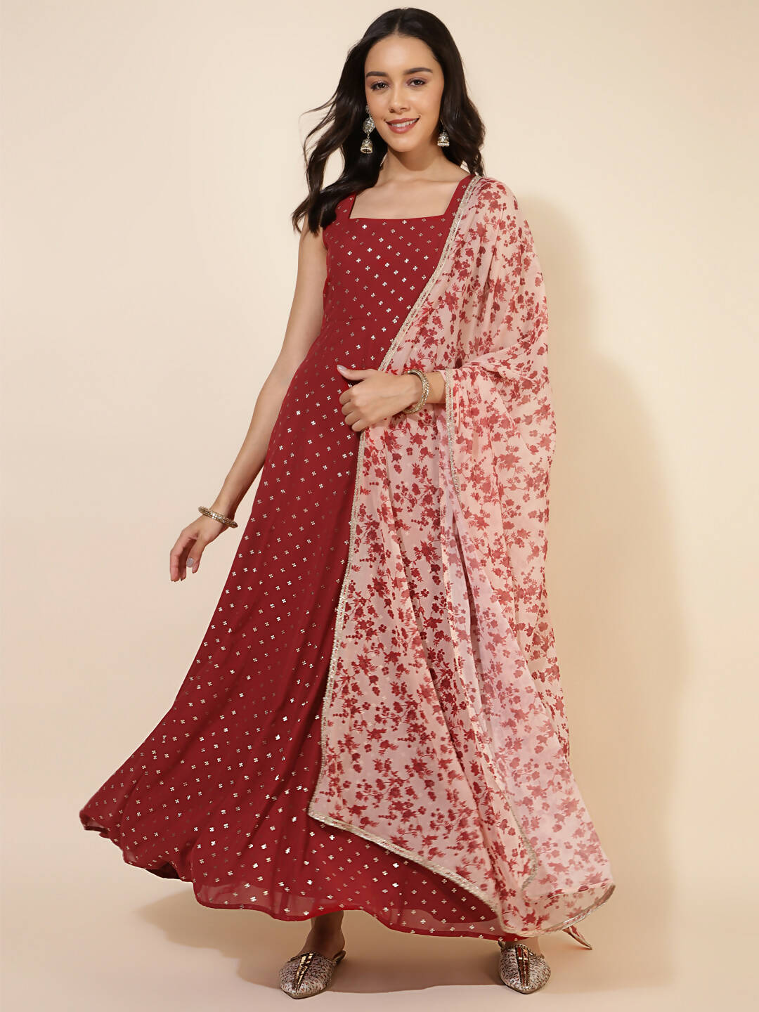 Janasya Women's Red Georgette Foil Printed Festive Anarkali Kurta Set | Grocsy