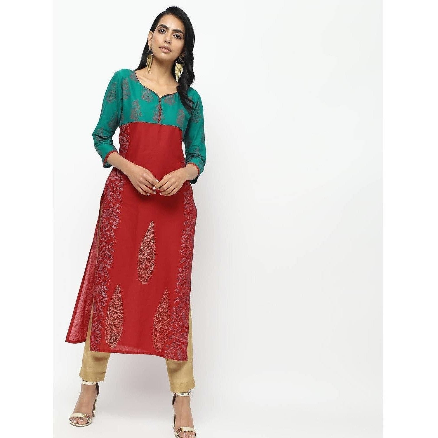 Cheera Red Traight Printed Kurta | Grocsy