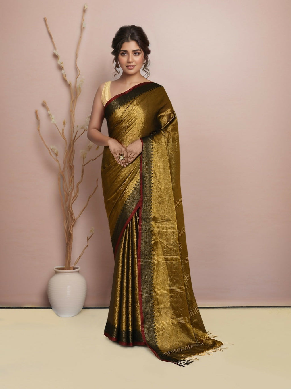 Joban Fashion GoldBlack Tissue Saree | Grocsy