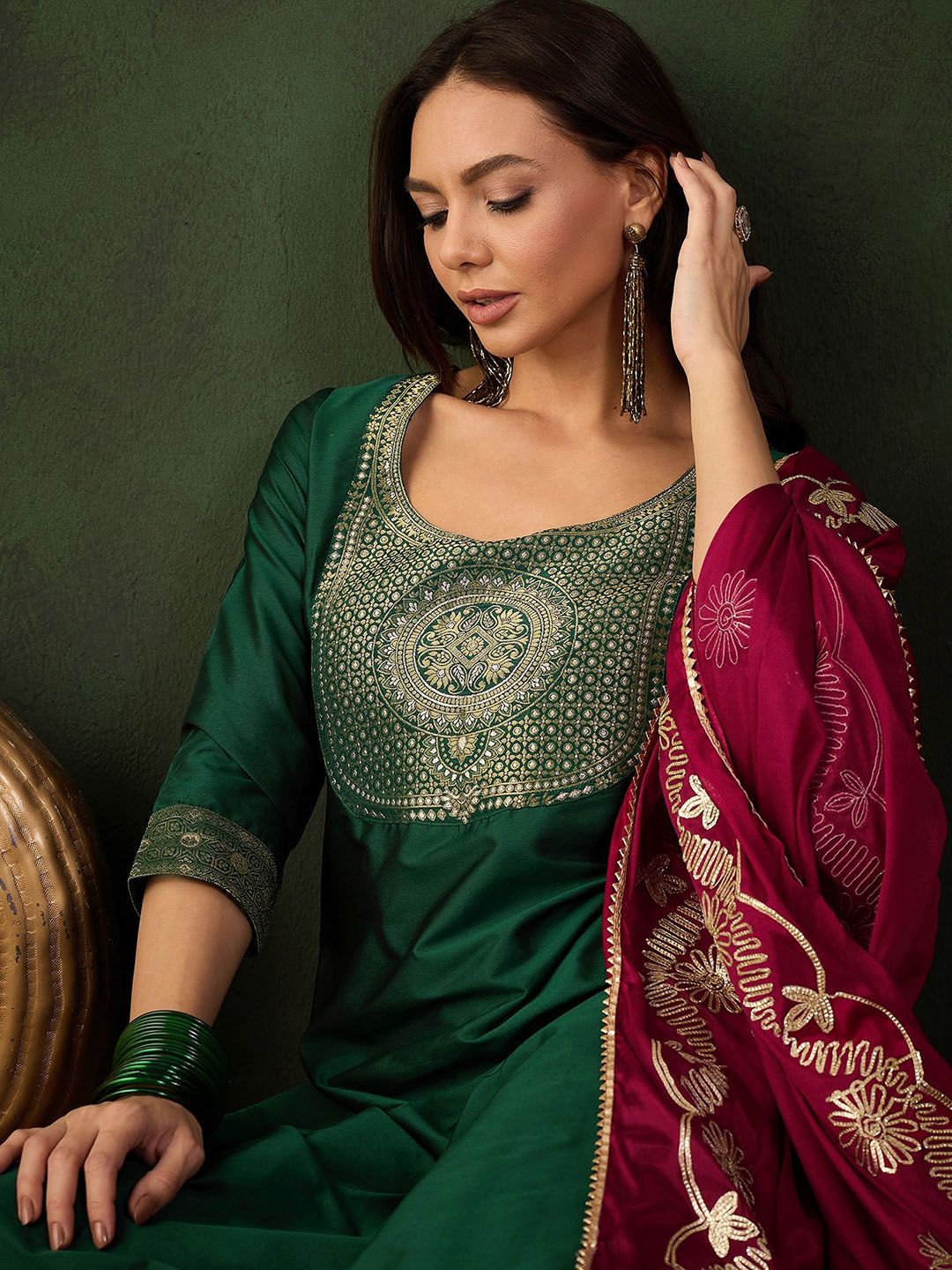 Sangria Woven Design Kurta & Trouser With Dupatta | Grocsy