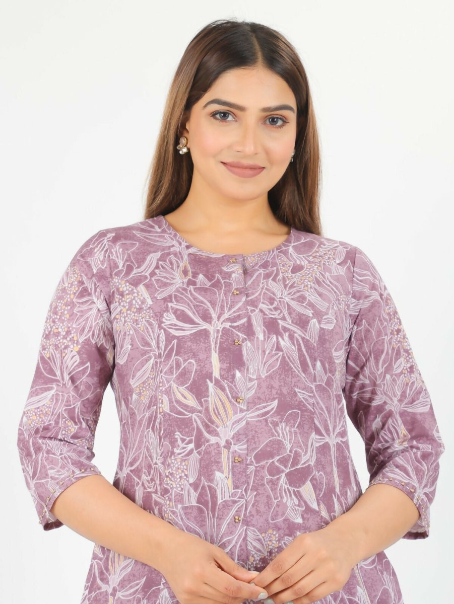 Aramya Purple Soft Cotton Gold Foil A-line Kurta for Women | Grocsy
