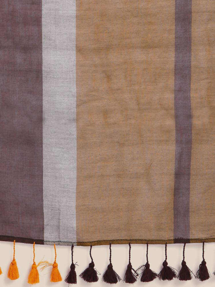Suta Brown Yellow Colourblocked Mul Saree | Grocsy