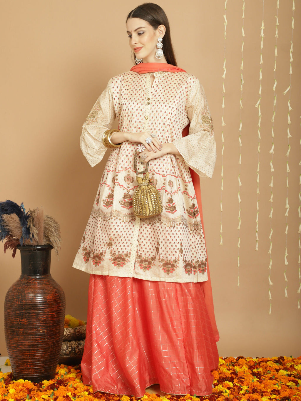 Jyoti Fashion Women's Cream Chanderi Silk Elegant Jardoshi Semi Kurta with Trouser & Dupatta | Grocsy