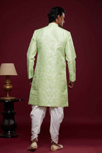 Raivat Ethnic Banarasi Jacquard Embroidery Semi Indo Western Sherwani In Pista Green Colour | Grocsy