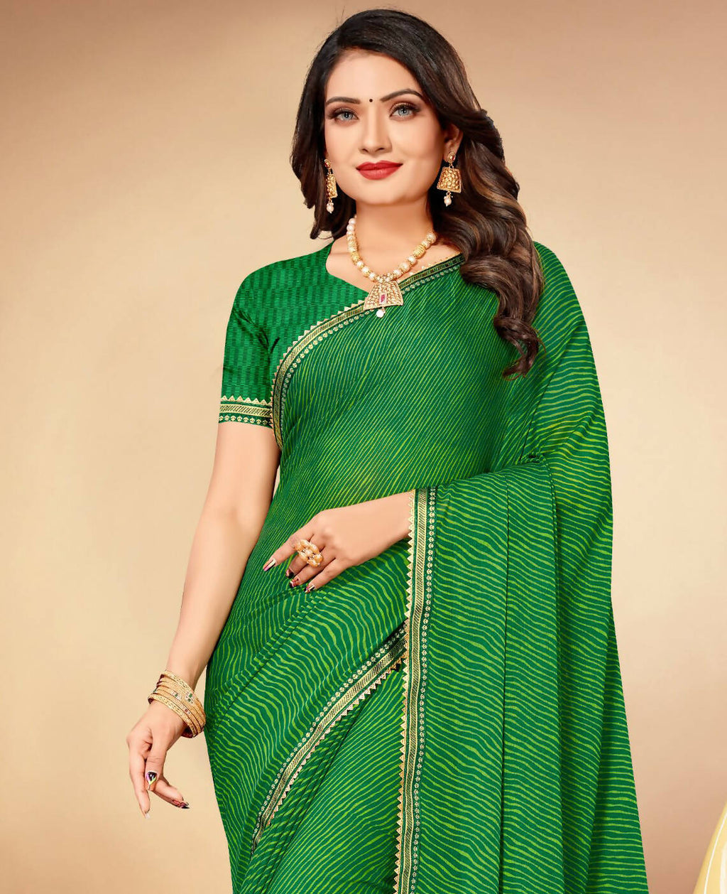Green Chiffon Leheriya Printed Saree With Unstitched Blouse Piece - Swarna | Grocsy