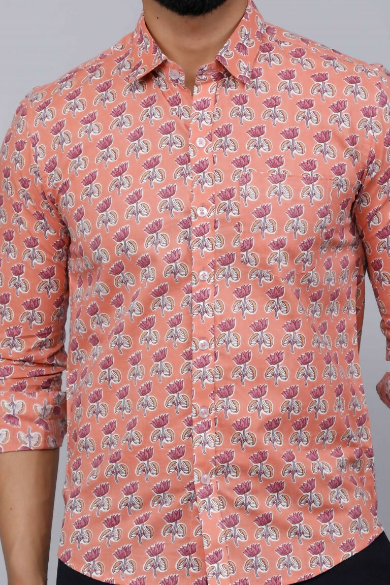 Miravan Men's Peach Spread Collar Floral Print Casual Shirt | Grocsy