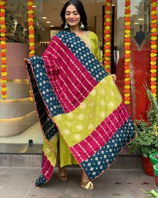 The52 Lemons Women's Gorgeous Embroidered Viscose Chanderi Fabric Straight Kurta Pant with Dupatta Set | Grocsy