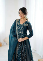 Teeya Creation Teal Color Heavy Crunchy Silk Embroidery Work Gown | Grocsy