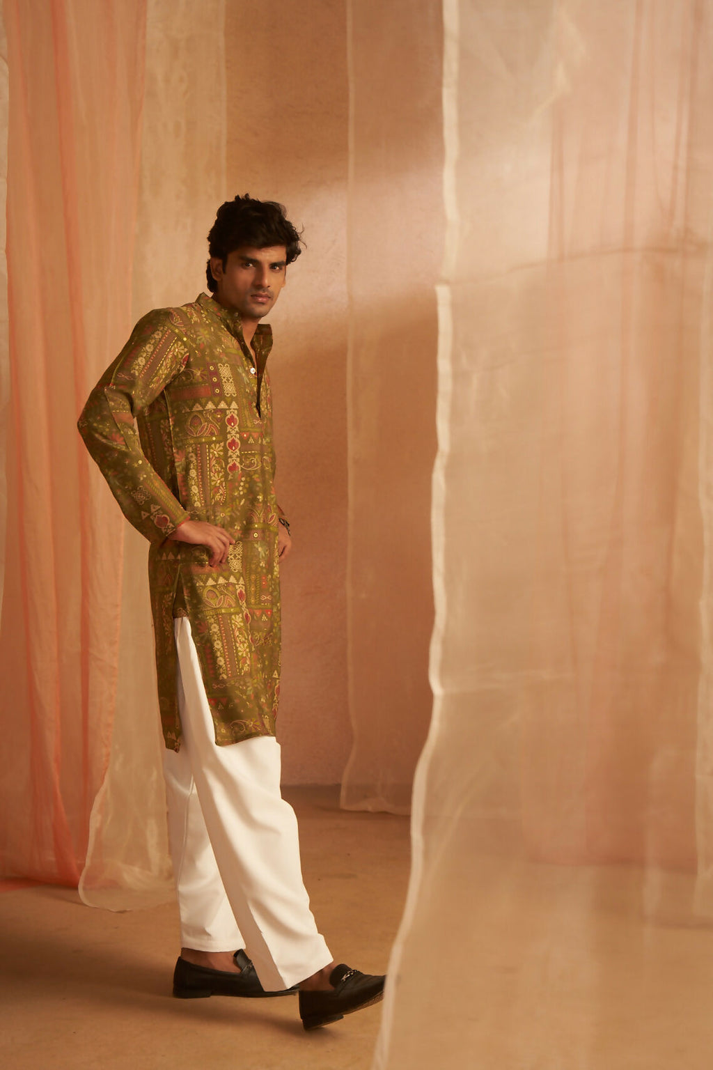 Green Modal Silk Designer Printed Men's Kurta Set - Mahotsav | Grocsy