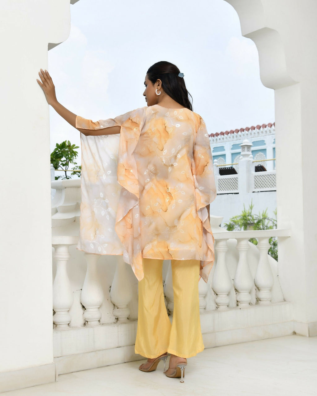 Vaasva Women's Lemon Georgette Marble Print Kaftan Pant Set | Grocsy
