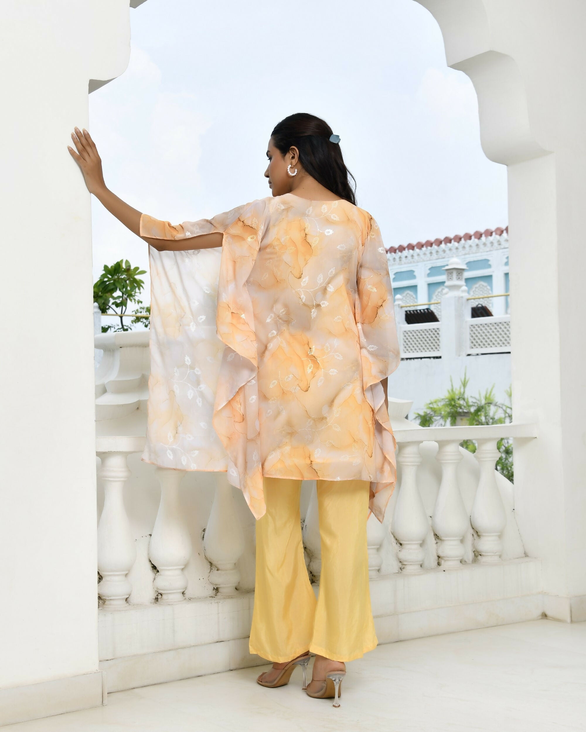 Vaasva Women's Lemon Georgette Marble Print Kaftan Pant Set | Grocsy
