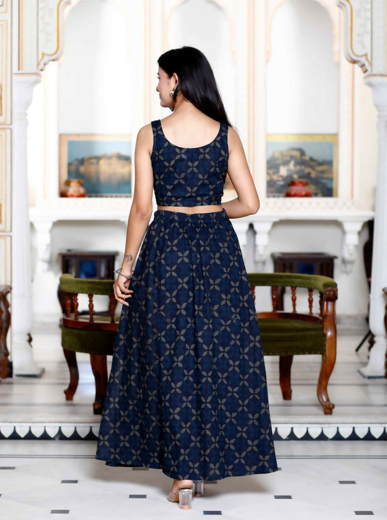 Miravan Women's Blue Abstract Print Crop Top And Side Slit A-Line Skirt Co-Ord Set | Grocsy