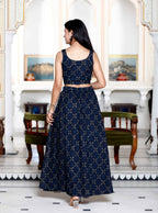Miravan Women's Blue Abstract Print Crop Top And Side Slit A-Line Skirt Co-Ord Set | Grocsy
