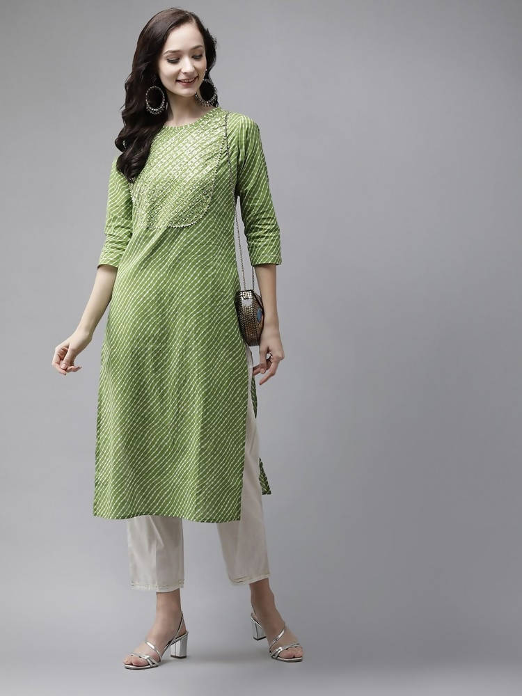 Yufta Women Green And White Bandhani print Kurta with Trouser Set | Grocsy