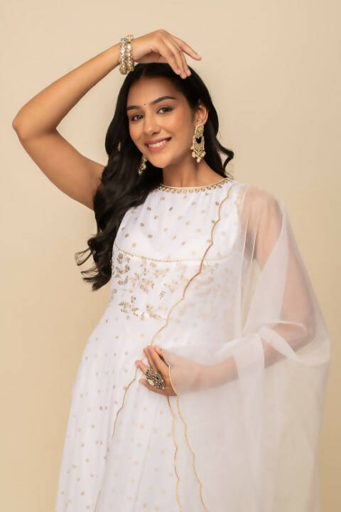 FIORRA Women's White Georgette Anarkali Kurta With Dupatta | Grocsy