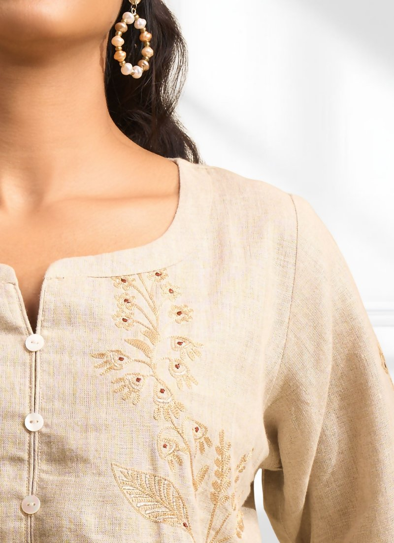 Joban Fashion Beige Linen Embroidered Readymade Cord Set | Grocsy