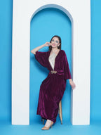 Joban Fashion Wine Velvet Gown With Silver Halter Neck Ineer | Grocsy