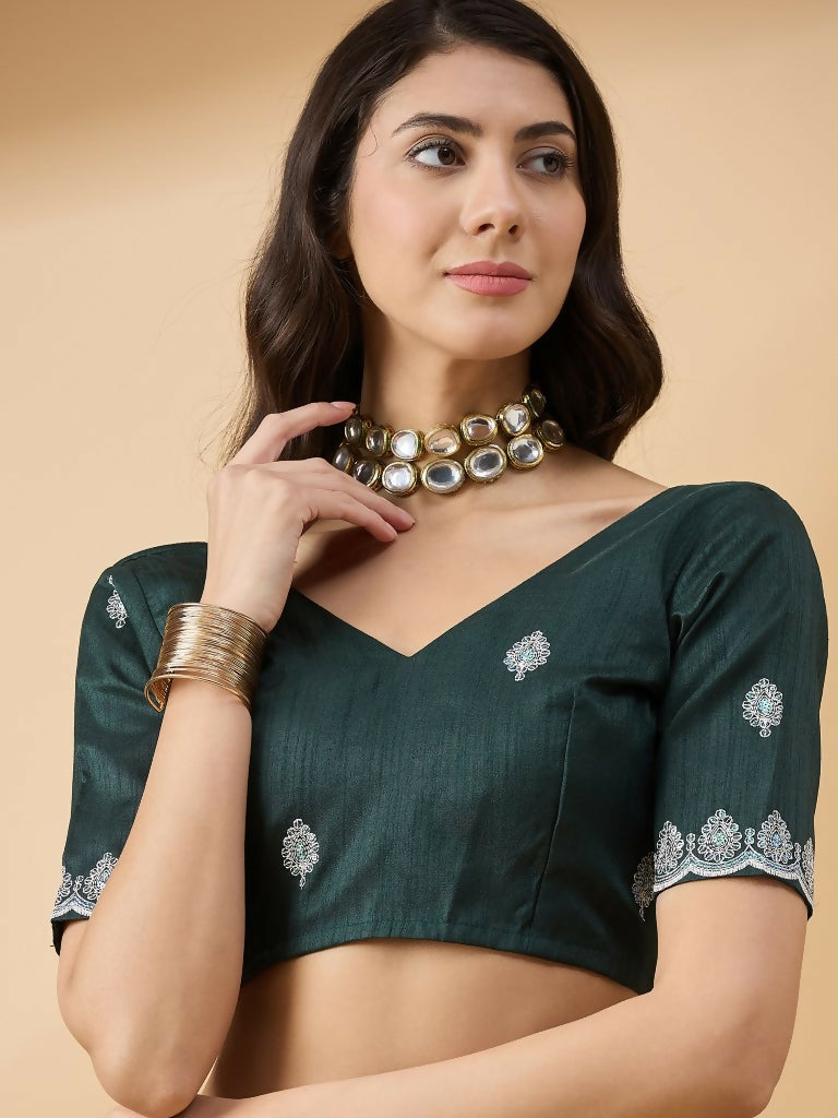 Green Organza Sequence Embroidered Saree with Unstitched Blouse - Satya | Grocsy