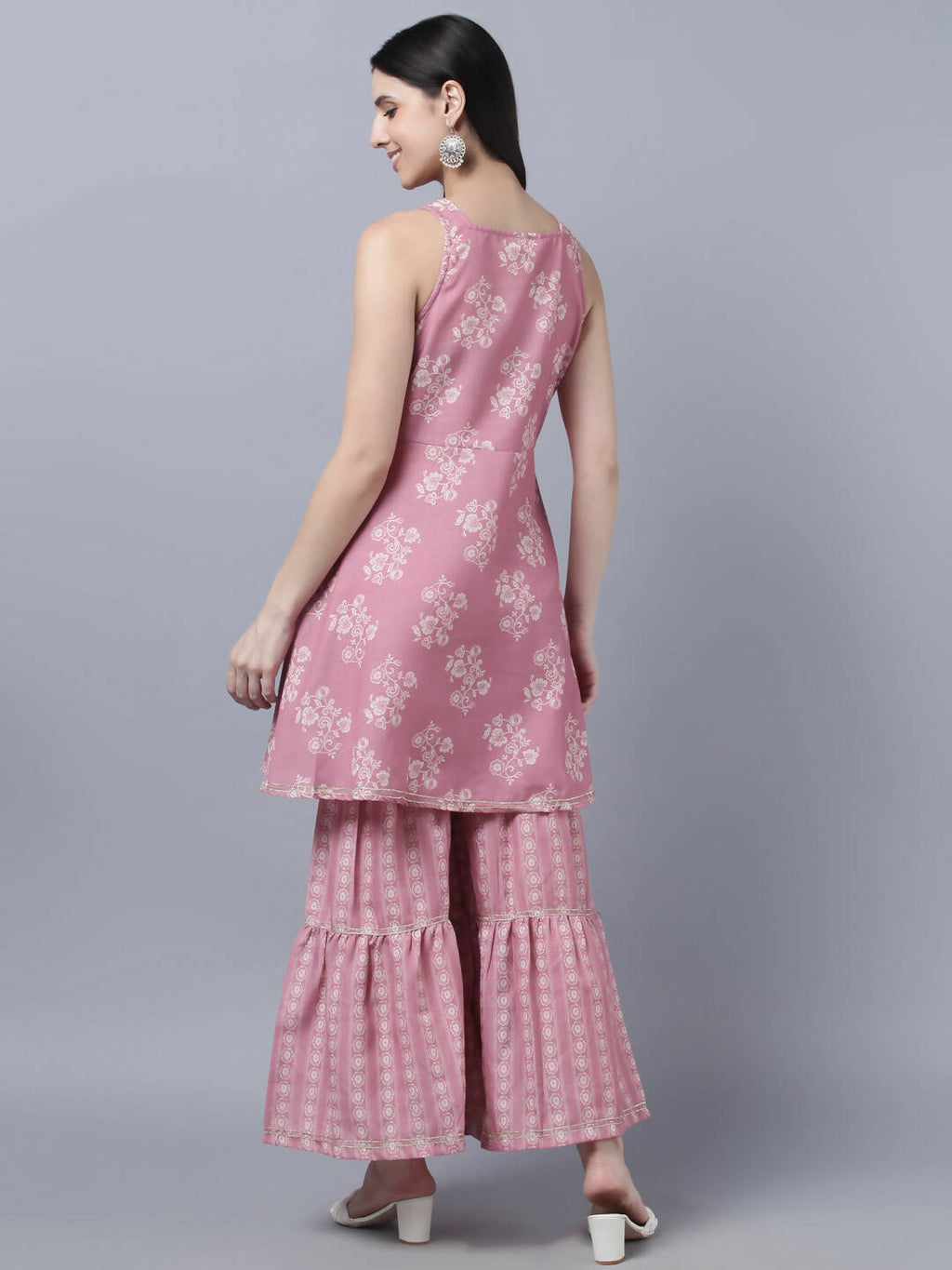 Myshka Women Peach-Coloured White Floral Printed Kurta with Sharara With Dupatta Set | Grocsy