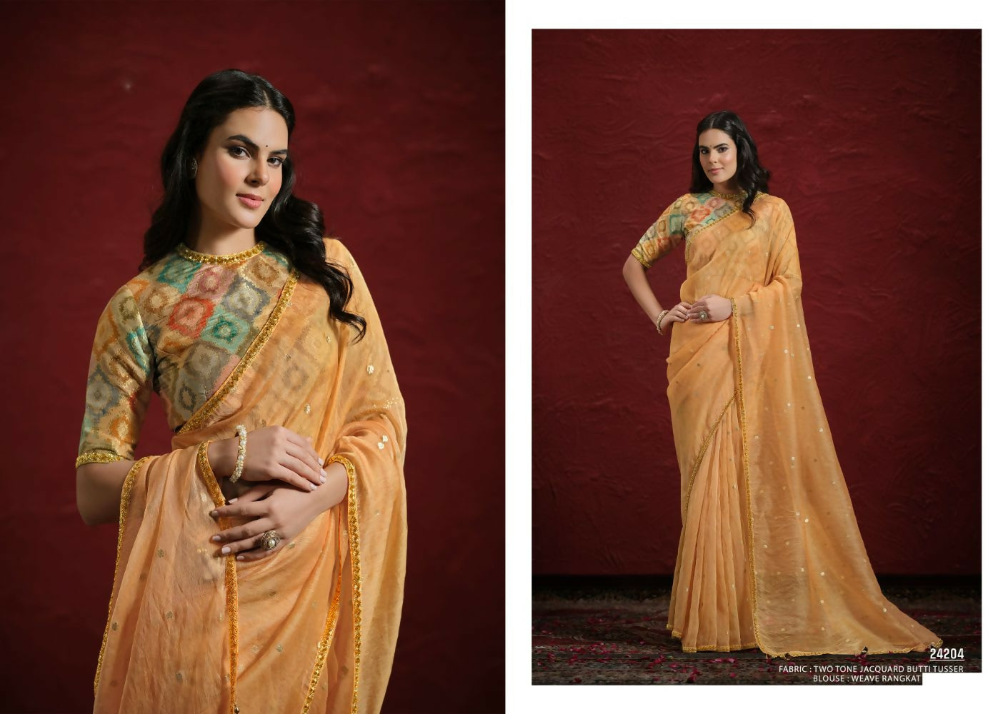 Orange Two Tone Jacquard Butti Tusser Pure Cut work Saree with Stitched Blouse - Mohmanthan Aaina | Grocsy