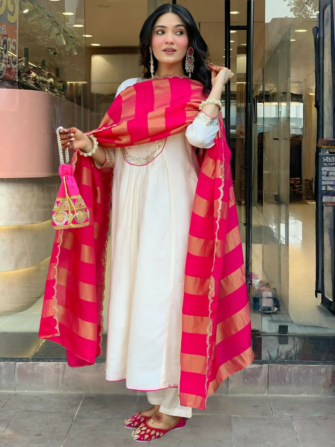 The52 White Women's Gorgeous Embroidered Work Chanderi Fabric Flared Kurta Pant and Dupatta Set | Grocsy