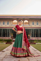 Green Lehenga Choli Set for Women Tussar Silk Lengha with Foil Printed by Infinity Export | Grocsy