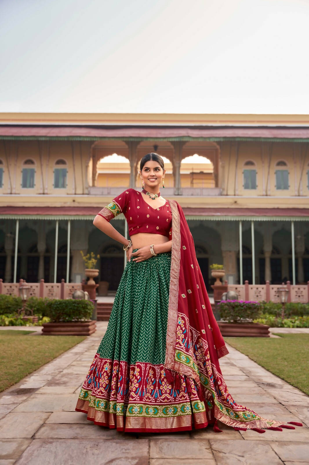 Green Lehenga Choli Set for Women Tussar Silk Lengha with Foil Printed by Infinity Export | Grocsy