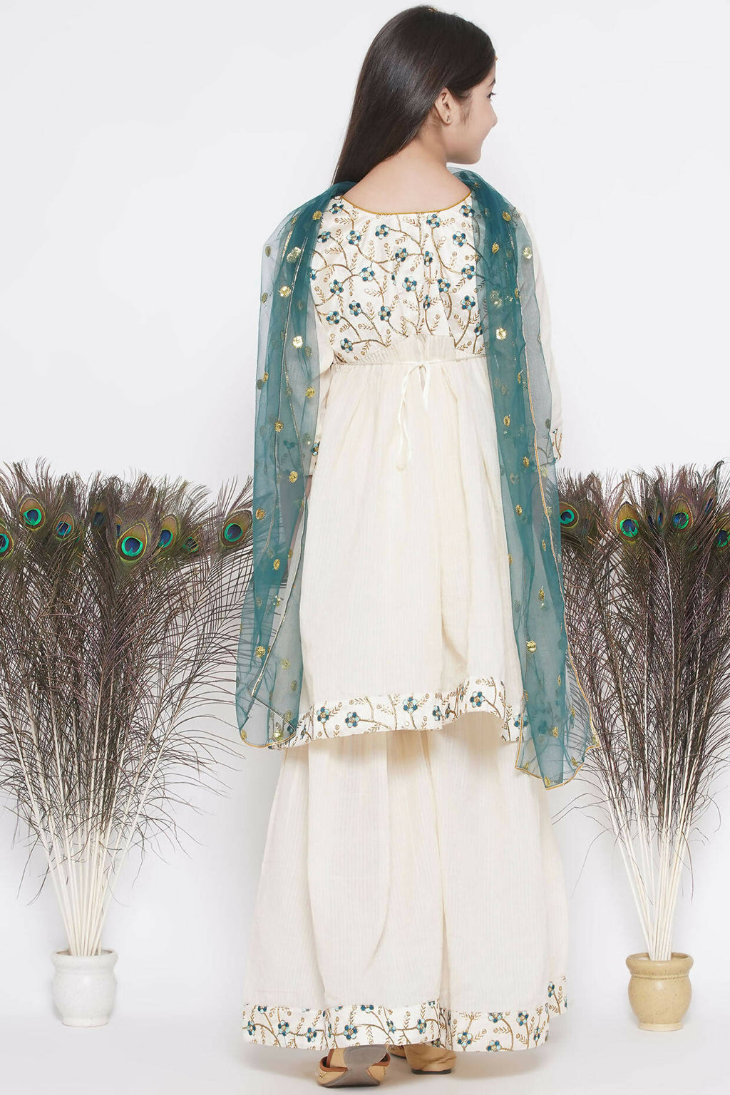 Little Bansi Blue Floral Embroidery Jacket with Cotton Kantha Frock Sharara and Dupatta with Ghungroo Handwork - Cream | Grocsy