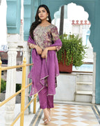 Vaasva Women's Purple Tissue Embroidered Suit Set With Solid Pant And Embroidered Dupatta | Grocsy