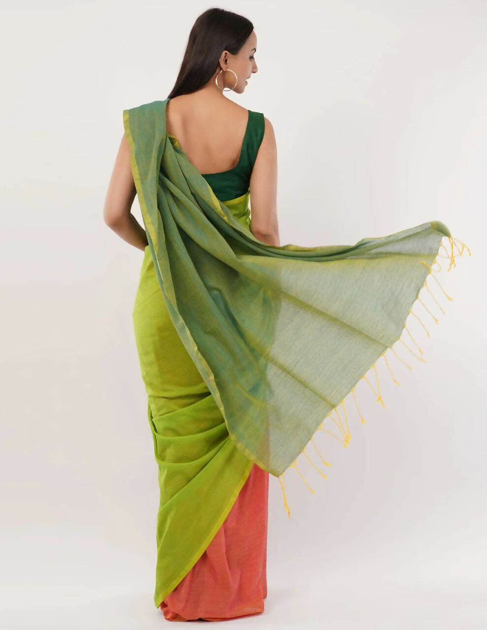 Exclusive Collection Beautiful Khadi Cotton Olive Green Orange Handloom Saree | Grocsy