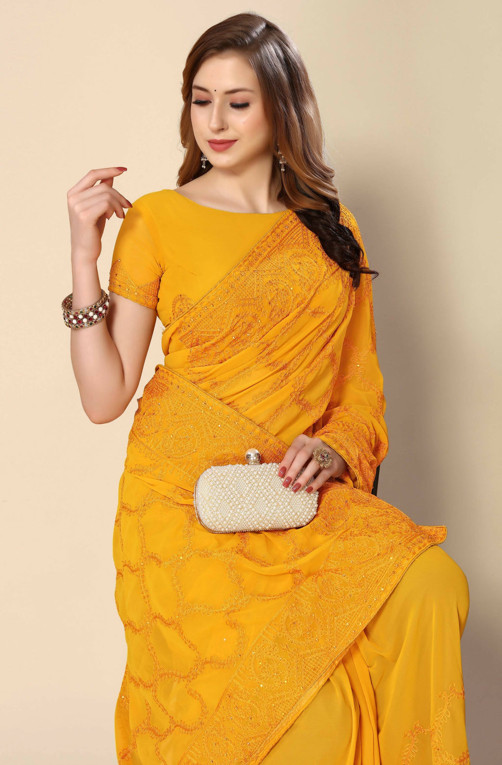 Mustard Georgette Embroidered and Stone Work Saree with Unstitched Blouse Piece - Roozal | Grocsy