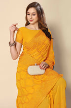 Mustard Georgette Embroidered and Stone Work Saree with Unstitched Blouse Piece - Roozal | Grocsy