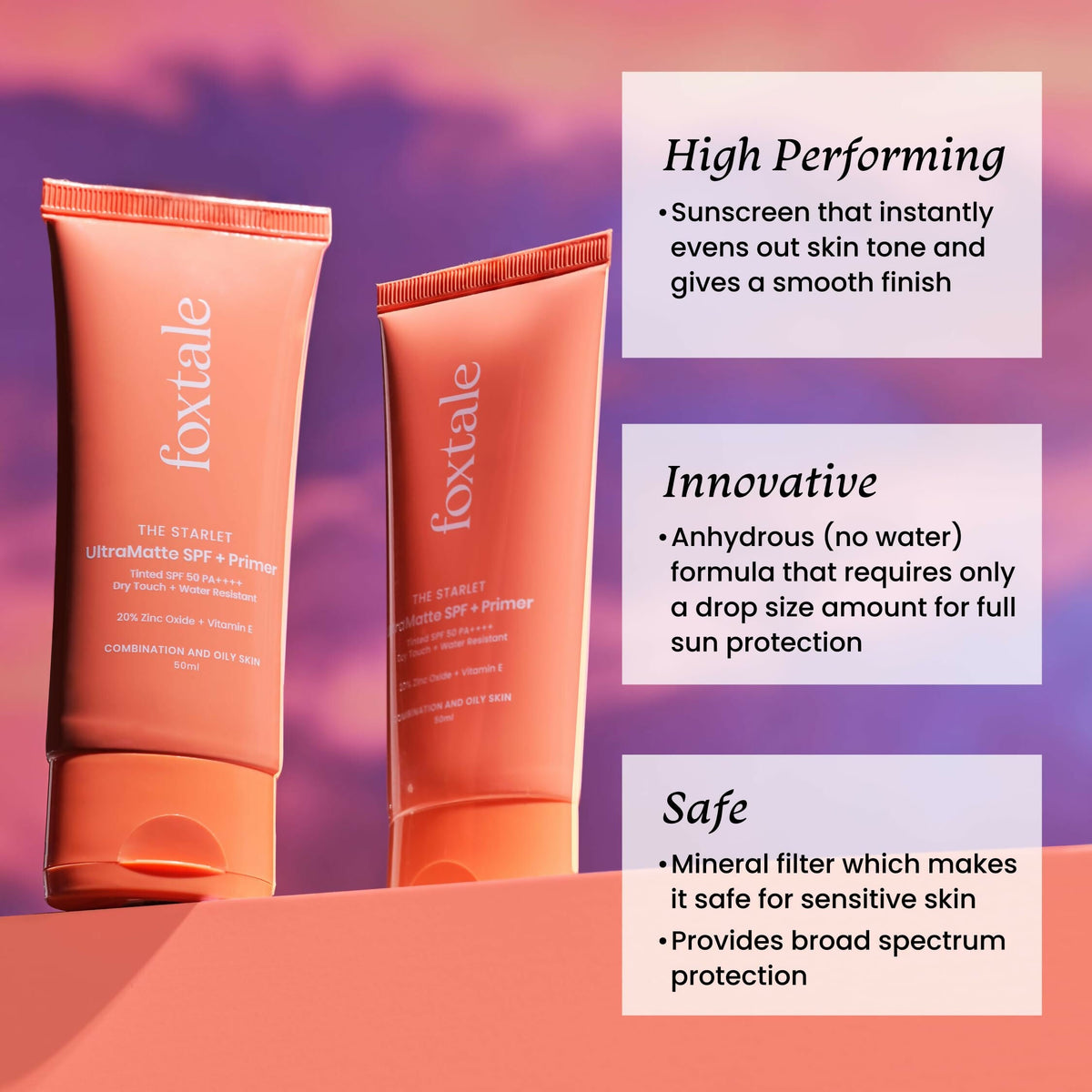 Foxtale Tinted Sunscreen SPF 50 PA++++ & Primer Shade 1 - Deep, Water Resistant with Dry-Touch Finish, Blurs Out Pores | Grocsy