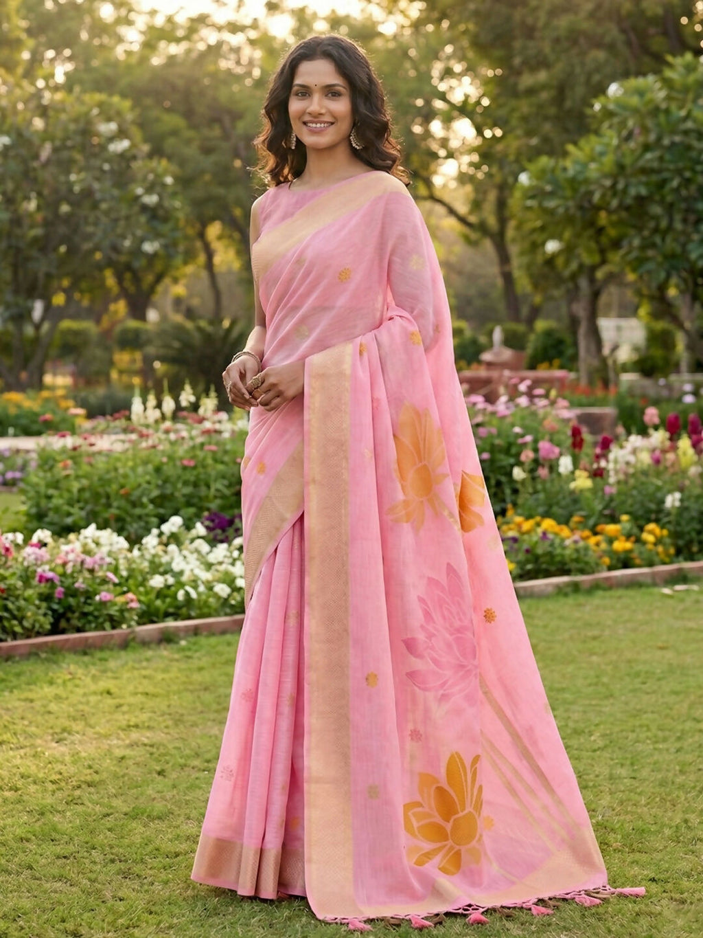 Shree Shyam Fashion Pink Linen Cotton Saree | Grocsy