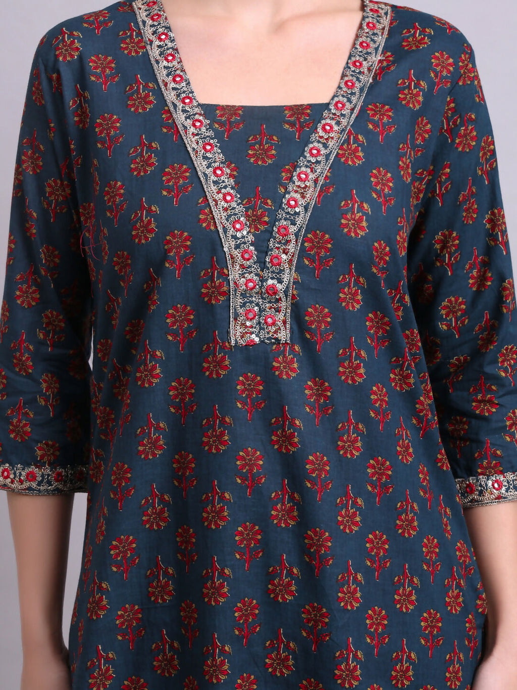Joban Fashion Blue Cotton Buti Printed & Embroidery Work Kurta With Trousers & Dupatta Set | Grocsy