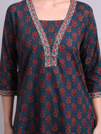 Joban Fashion Blue Cotton Buti Printed & Embroidery Work Kurta With Trousers & Dupatta Set | Grocsy